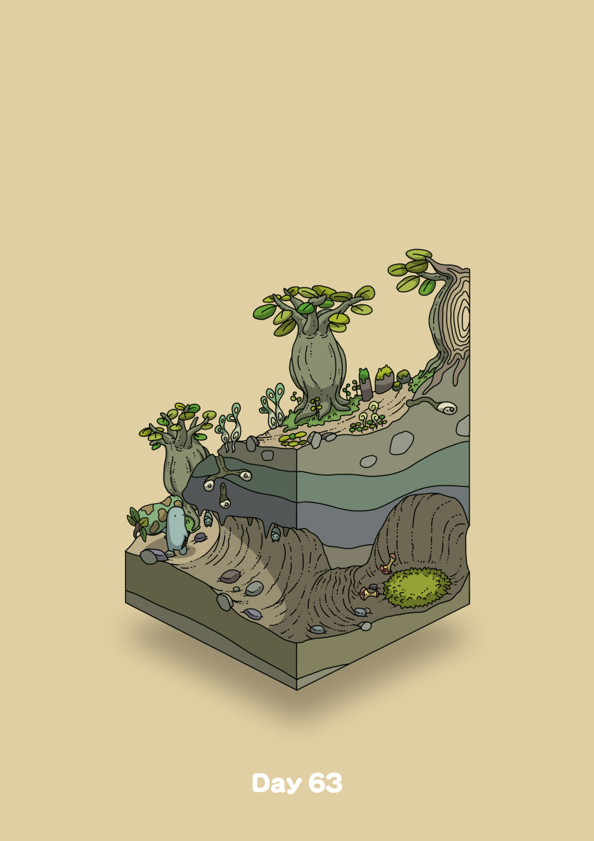 absurdres apple apple_core bed cave commentary_request diorama food fruit gozz highres holding holding_food holding_fruit isometric original tree yellow_background