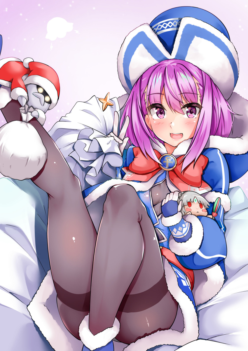 1girl altera_(fate) ankh badge bangs beanie blue_coat blue_dress blue_footwear blue_gloves blue_headwear blush boots bow breasts coat colonel_olcott_(fate/grand_order) dress fate/extella fate/extra fate/grand_order fate/grand_order_arcade fate_(series) fur-trimmed_coat fur-trimmed_dress fur_trim gloves grey_legwear hat helena_blavatsky_(christmas)_(fate) helena_blavatsky_(fate/grand_order) highres large_bow leg_up long_sleeves looking_at_viewer open_mouth pantyhose purple_hair red_bow sack sezoku short_hair sitting small_breasts smile stuffed_toy thighband_pantyhose thighs violet_eyes