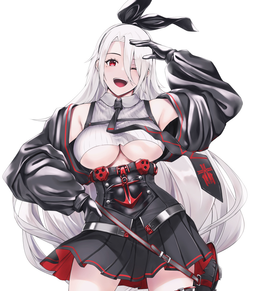 1girl azur_lane bangs black_gloves black_jacket black_neckwear black_skirt braid breasts collared_shirt commentary contrapposto cowboy_shot crop_top enchuu_kakiemon gloves hair_over_one_eye hairband highres jacket large_breasts legs_apart long_hair looking_at_viewer mole mole_under_eye necktie off_shoulder one_eye_closed open_mouth pleated_skirt prinz_heinrich_(azur_lane) red_eyes salute shirt silver_hair simple_background skirt smile solo standing striped striped_shirt swept_bangs under_boob upper_teeth very_long_hair white_background white_shirt