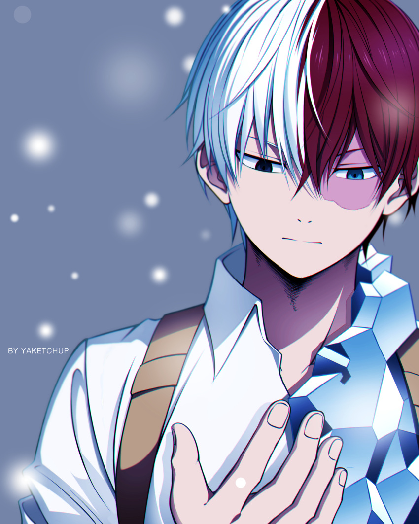 1boy absurdres artist_name bangs blue_eyes boku_no_hero_academia burn_scar closed_mouth collarbone collared_shirt commentary grey_eyes hair_between_eyes heterochromia highres ice looking_down male_focus multicolored_hair official_alternate_costume redhead scar shirt solo todoroki_shouto two-tone_hair upper_body white_hair white_shirt yaketchup
