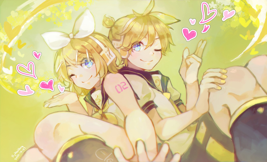 1boy 1girl back-to-back bangs bare_shoulders bass_clef black_collar blonde_hair blue_eyes bow collar commentary from_below hair_bow hair_ornament hairclip hand_on_own_knee headphones heart highres kagamine_len kagamine_rin keaifeng leg_warmers looking_at_viewer nail_polish neckerchief necktie one_eye_closed sailor_collar school_uniform shirt short_hair short_ponytail short_shorts short_sleeves shorts shoulder_tattoo sitting sleeveless sleeveless_shirt smile spiky_hair swept_bangs tattoo treble_clef vocaloid w white_bow white_shirt yellow_background yellow_nails yellow_neckwear