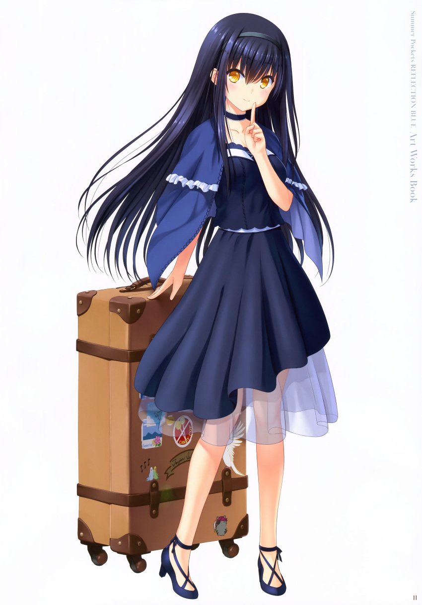 1girl absurdres bag black_hair black_hairband blue_capelet blue_dress blue_footwear capelet closed_mouth collarbone copyright_name dress finger_to_mouth floating_hair full_body hair_between_eyes hairband high_heels highres huge_filesize index_finger_raised kushima_kamome long_dress long_hair looking_at_viewer na-ga official_art page_number pumps see-through shiny shiny_hair shushing simple_background smile solo standing summer_pockets very_long_hair white_background yellow_eyes