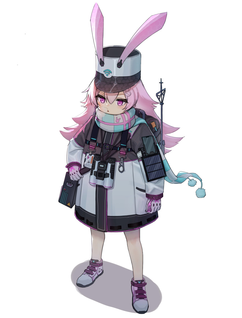 absurdres animal_ears backpack bag binoculars black_bag blush breath bunny_hair_ornament fake_animal_ears gloves grey_headwear hair_between_eyes hair_ornament hat highres id_card jacket long_hair multicolored multicolored_clothes open_mouth original pink_eyes scarf simple_background sketch sleeves_past_wrists solar_panel standing striped striped_scarf two-tone_gloves violet_eyes white_background white_footwear white_gloves wifi_symbol xiang_he_he_qunzi