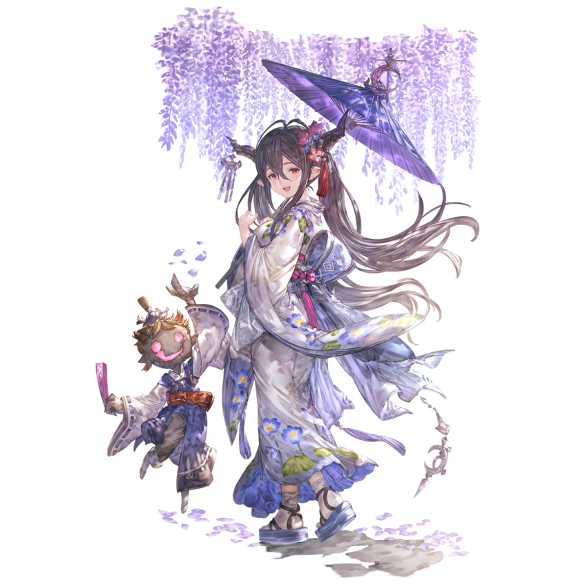 1girl :d bangs black_hair blush breasts danua draph fang floral_print flower granblue_fantasy hair_between_eyes hand_up hatchet holding holding_umbrella japanese_clothes kimono long_hair long_sleeves looking_at_viewer obi open_mouth oriental_hatchet pointy_ears print_kimono purple_flower purple_umbrella red_eyes sash sleeves_past_wrists smile solo teeth tongue twintails umbrella upper_body very_long_hair white_kimono wide_sleeves