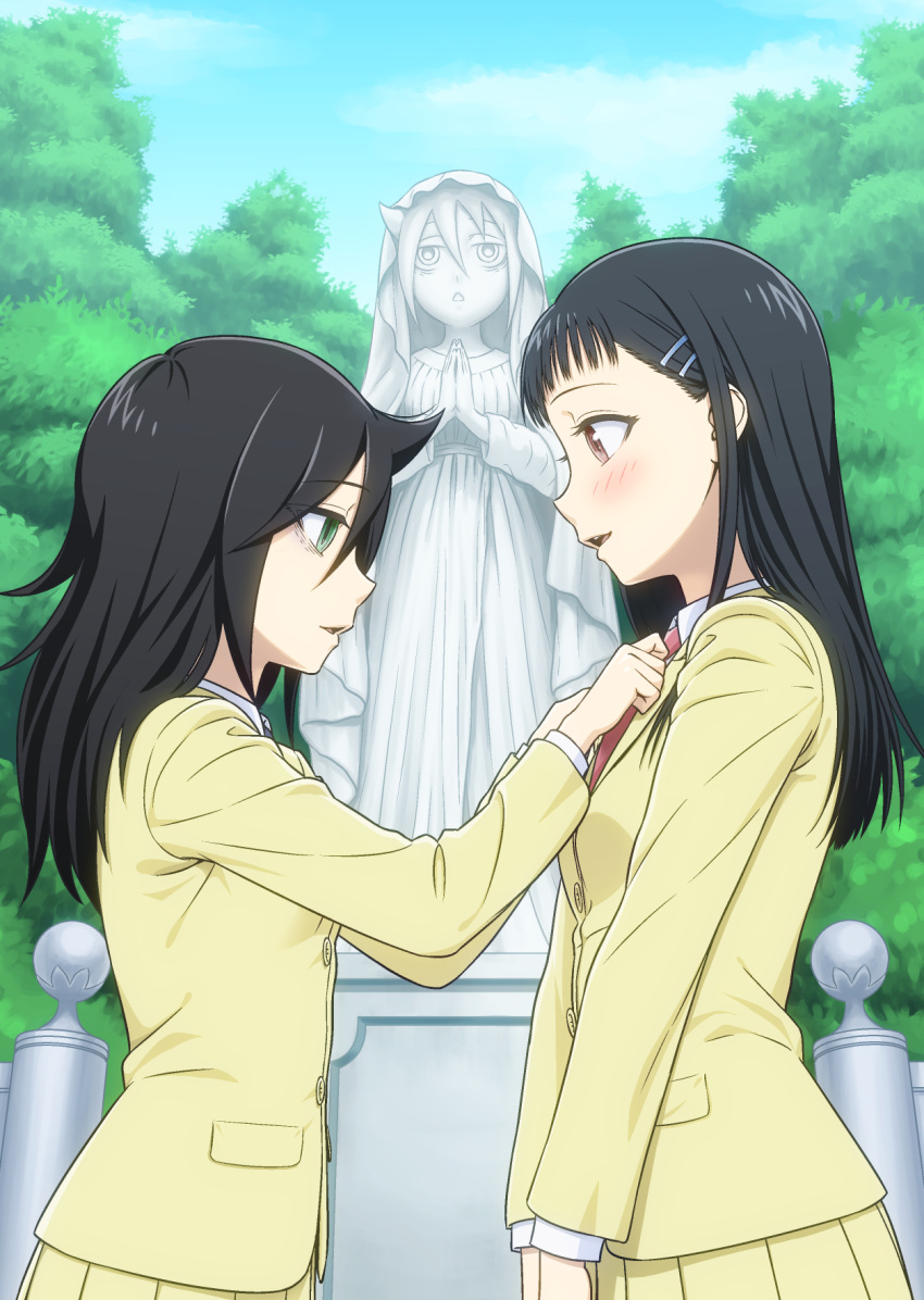 2girls adjusting_another's_clothes adjusting_clothes adjusting_necktie adjusting_neckwear bags_under_eyes bangs black_hair blazer blue_sky blush brown_eyes buttons clouds collared_shirt commentary_request day eyebrows_visible_through_hair from_side green_eyes hair_ornament hairclip highres hirasawa_shizuku ichikawa_masahiro jacket kuroki_tomoko long_hair long_sleeves looking_at_another looking_down maria-sama_ga_miteru multiple_girls necktie open_mouth outdoors purple_neckwear red_neckwear school_uniform shirt skirt sky standing statue textless tree upper_body watashi_ga_motenai_no_wa_dou_kangaetemo_omaera_ga_warui! white_shirt yellow_jacket yellow_skirt