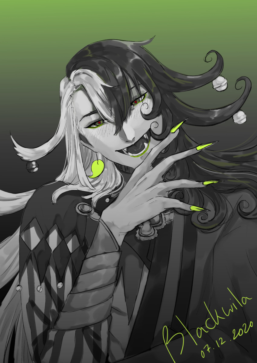 1boy absurdres artist_name ashiya_douman_(fate) asymmetrical_clothes asymmetrical_hair bell black_eyes black_hair blackwila curly_hair dated earrings fangs fate/grand_order fate_(series) fingernails gradient gradient_background green_eyeshadow green_lipstick green_nails hair_bell hair_between_eyes hair_intakes hair_ornament highres japanese_clothes jewelry kimono laughing lipstick long_hair magatama magatama_earrings makeup male_focus multicolored_hair open_clothes open_hand open_kimono red_pupils ribbed_sleeves sharp_fingernails solo spot_color two-tone_hair upper_body very_long_fingernails very_long_hair white_hair