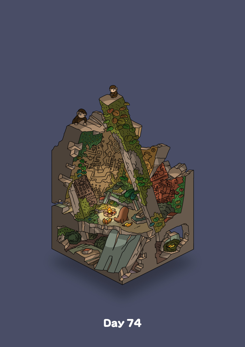 absurdres bitten blue_background campfire commentary_request diorama food fruit gozz highres isometric monkey mural nest night original overgrown ruins