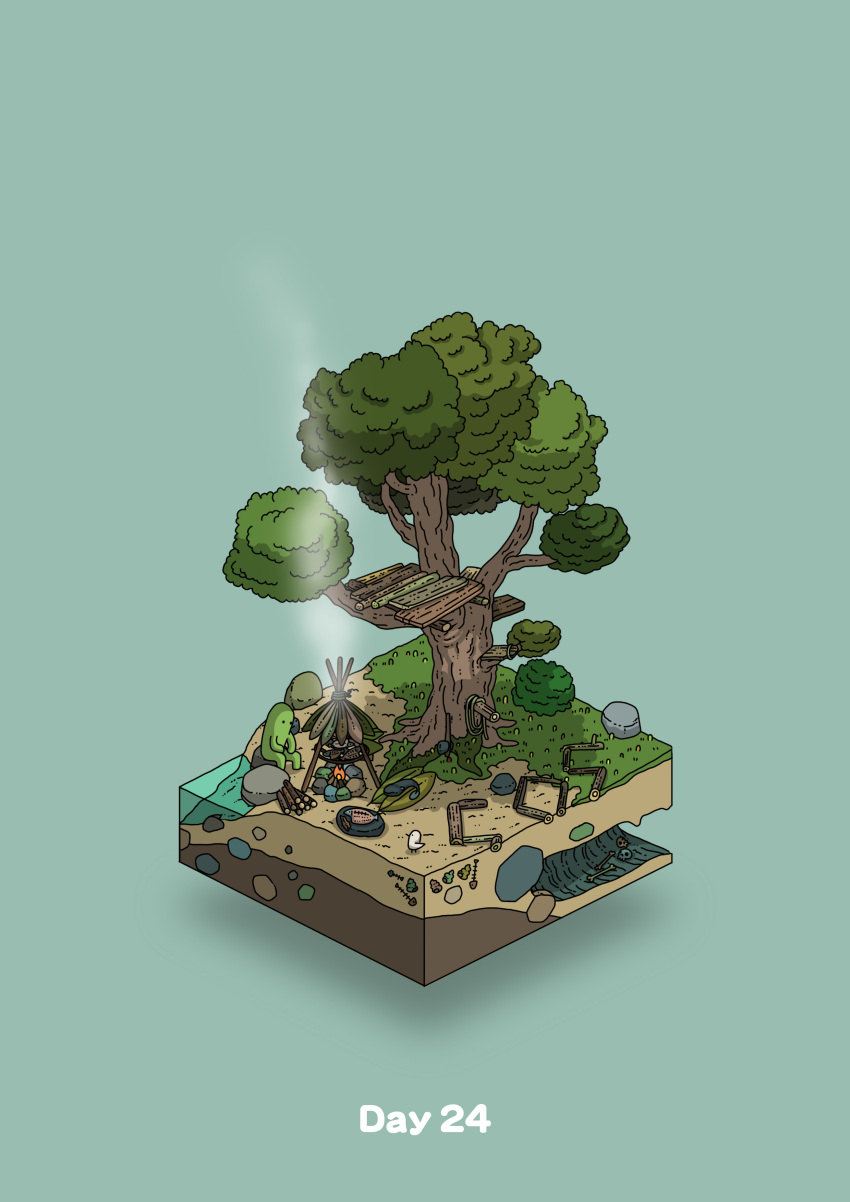 absurdres aqua_background bird bone boulder campfire commentary_request cooking diorama fish gozz highres isometric original sitting skull sos stairs steam tree treehouse