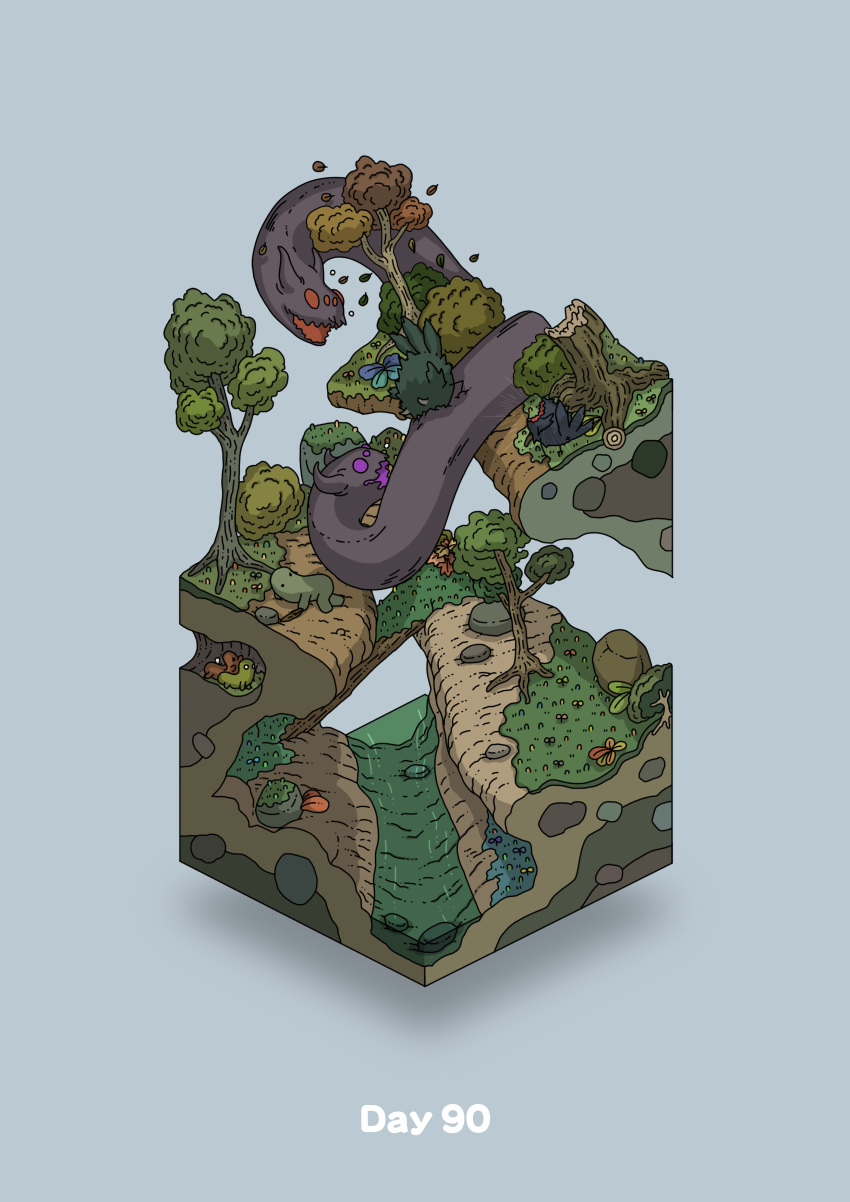 absurdres biting blue_background commentary crawling creature diorama gozz highres isometric looking_back monster original plant red_eyes river shouting tree tree_stump violet_eyes