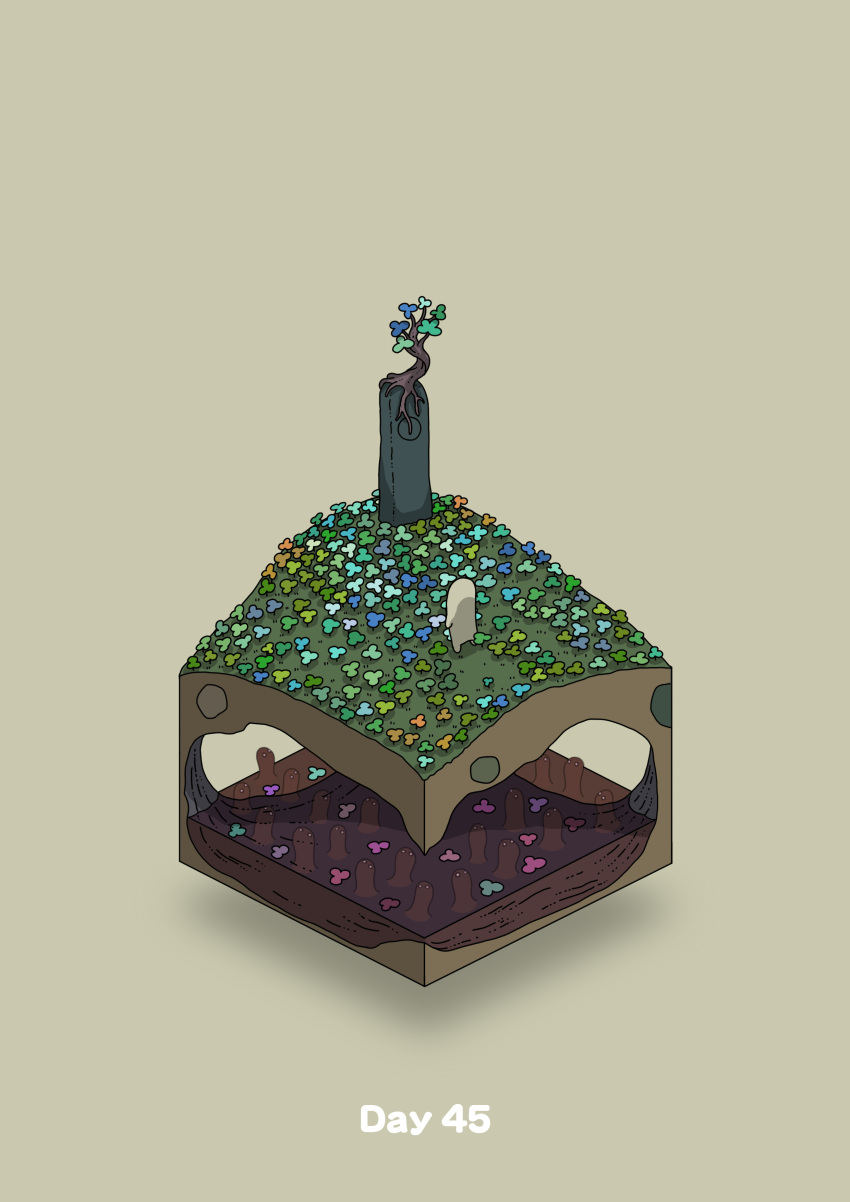 absurdres beige_background cave commentary diorama field flower flower_field gozz highres hill isometric original plant tombstone tree