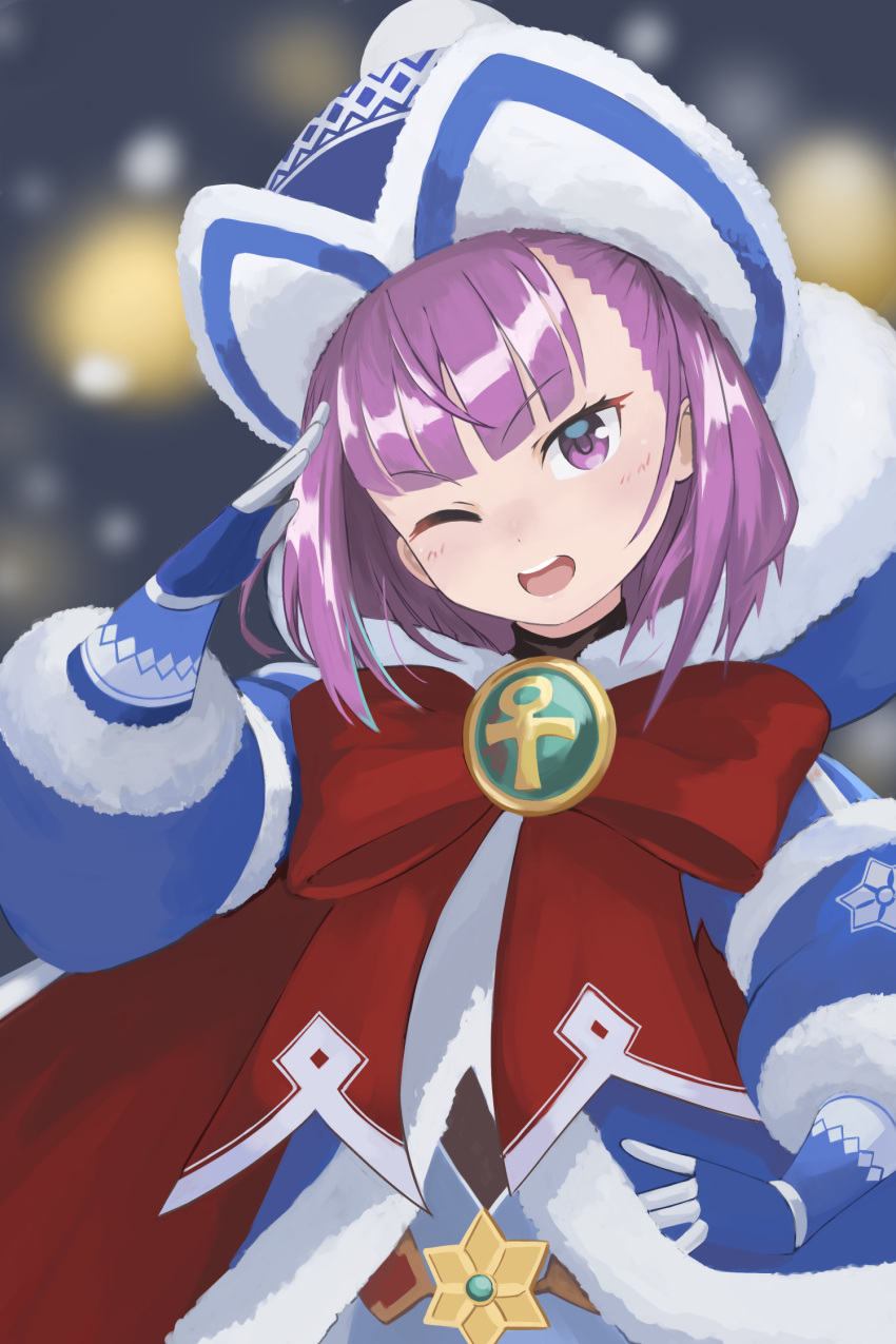 1girl ankh badge bangs beanie blue_coat blue_dress blue_gloves blue_headwear blurry blurry_background bow breasts coat dress fate/grand_order fate/grand_order_arcade fate_(series) fur-trimmed_coat fur-trimmed_dress fur_trim gloves hand_on_hip hat helena_blavatsky_(christmas)_(fate) helena_blavatsky_(fate/grand_order) highres large_bow long_sleeves looking_at_viewer one_eye_closed open_mouth purple_hair red_bow salute short_hair small_breasts smile suezu1022 violet_eyes
