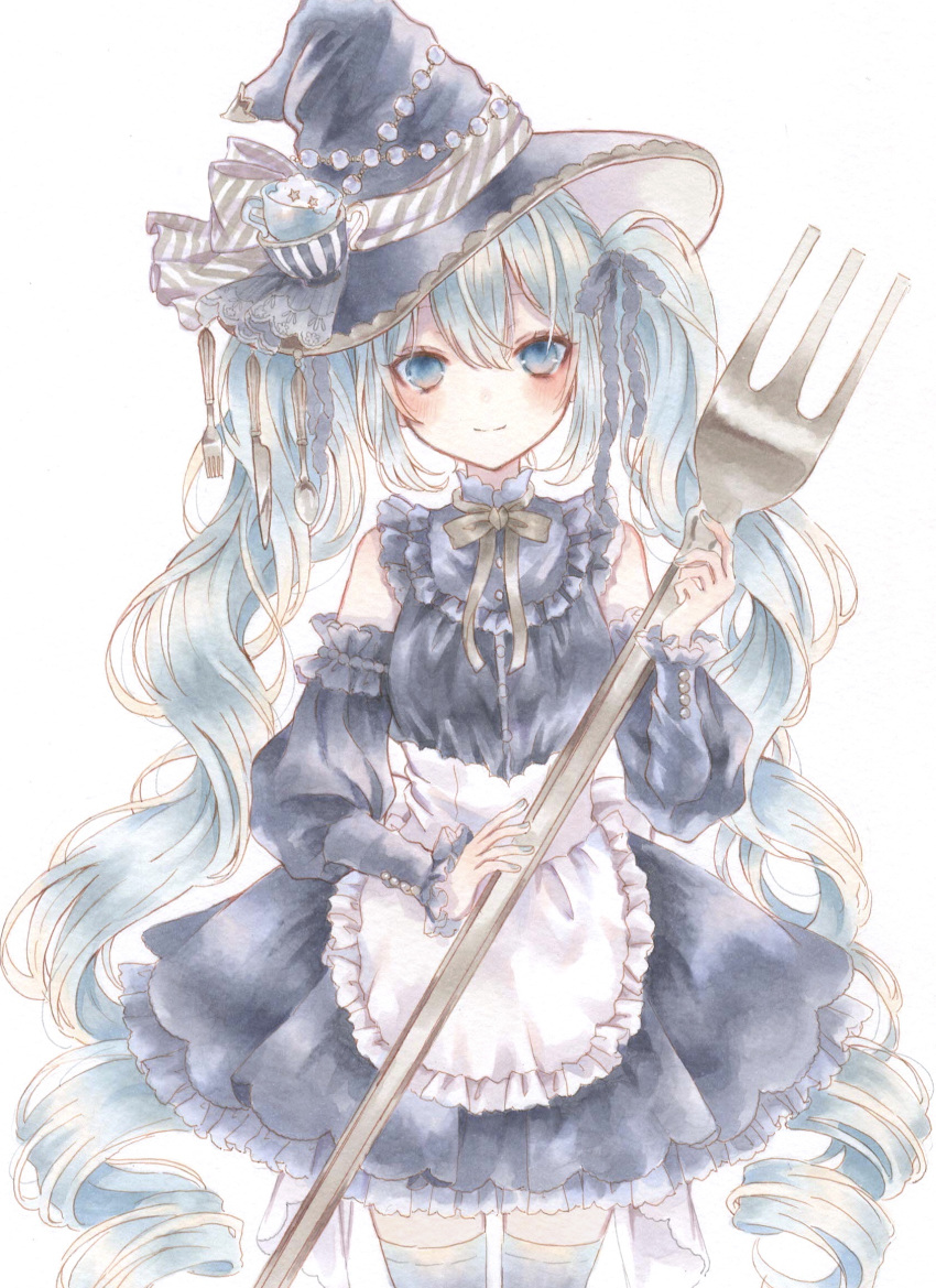 1girl apron aqua_hair black_dress black_sleeves blue_eyes detached_sleeves dress fork green_nails hat hatsune_miku highres holding holding_fork long_hair marker_(medium) oversized_object paruno ribbon smile solo thigh-highs traditional_media twintails vocaloid white_apron white_background witch_hat yellow_ribbon