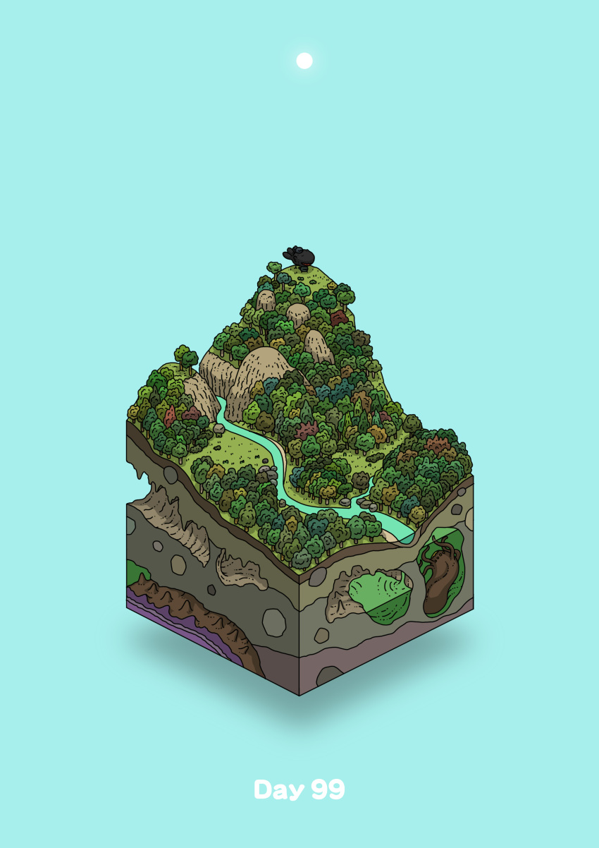 absurdres aqua_background cave commentary_request creature day diorama forest gozz highres hill isometric nature no_humans original river sun tree