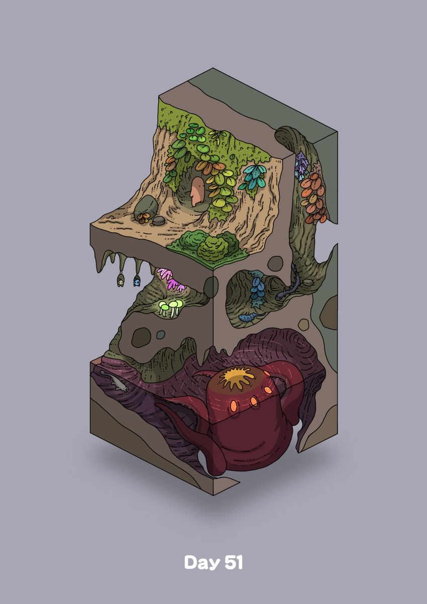 absurdres animal bat cave commentary_request diorama glowing glowing_mushroom gozz highres isometric monster mushroom original plant purple_background tentacles