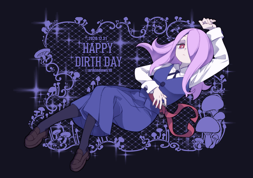 1girl abstract_background birthday black_legwear blue_dress brown_footwear chihiri collar commentary dark_background dated dress eyeshadow hair_over_one_eye happy_birthday little_witch_academia long_hair long_sleeves looking_at_viewer luna_nova_school_uniform lying makeup mushroom on_back purple_hair red_eyes school_uniform shirt solo sparkle sucy_manbavaran twitter_username typo white_shirt