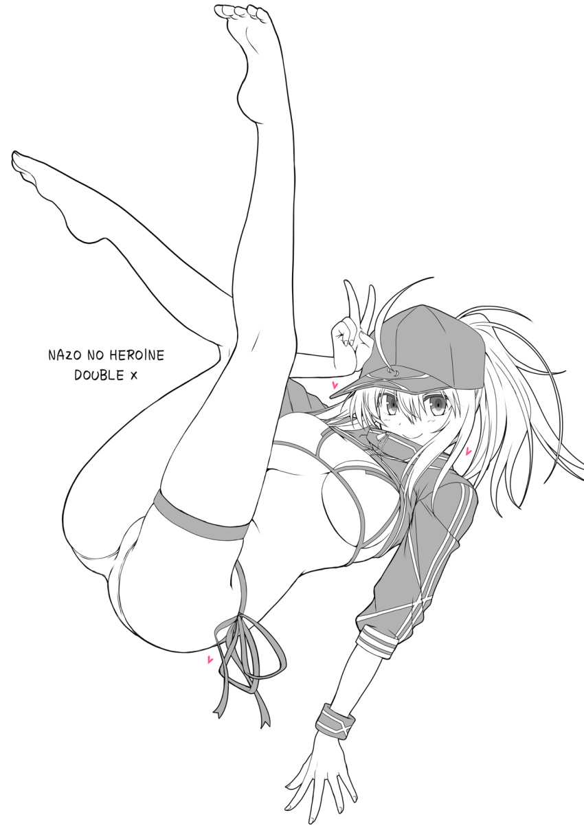 1girl ahoge artoria_pendragon_(all) ass bangs barefoot baseball_cap bikini breasts character_name closed_eyes commentary_request fate/grand_order fate_(series) floating greyscale hat heart highres kiriya_(aprikose_0312) legs long_sleeves looking_at_viewer medium_hair monochrome mysterious_heroine_xx_(foreigner) ponytail shrug_(clothing) side-tie_bikini sidelocks smile solo string_bikini swimsuit v wristband zipper