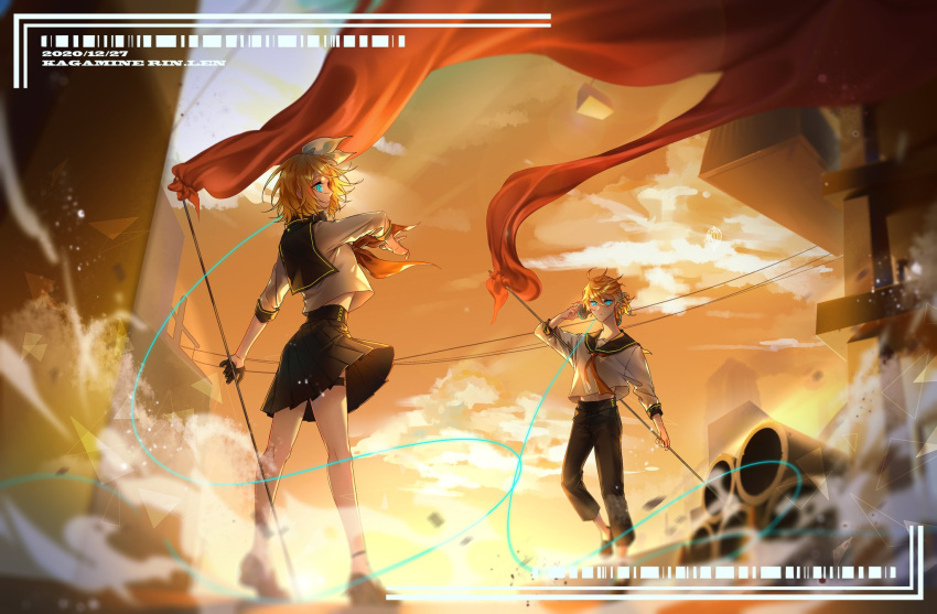 1boy 1girl 9981nashi barcode black_collar blonde_hair blue_eyes bow character_name chinese_commentary clouds collar collared_shirt commentary dated flag flagpole hair_bow highres holding holding_flag kagamine_len kagamine_rin miniskirt neckerchief pleated_skirt red_flag red_neckwear sailor_collar scenery school_uniform shirt short_hair short_ponytail skirt spiky_hair standing twilight vocaloid white_bow white_shirt wide_shot