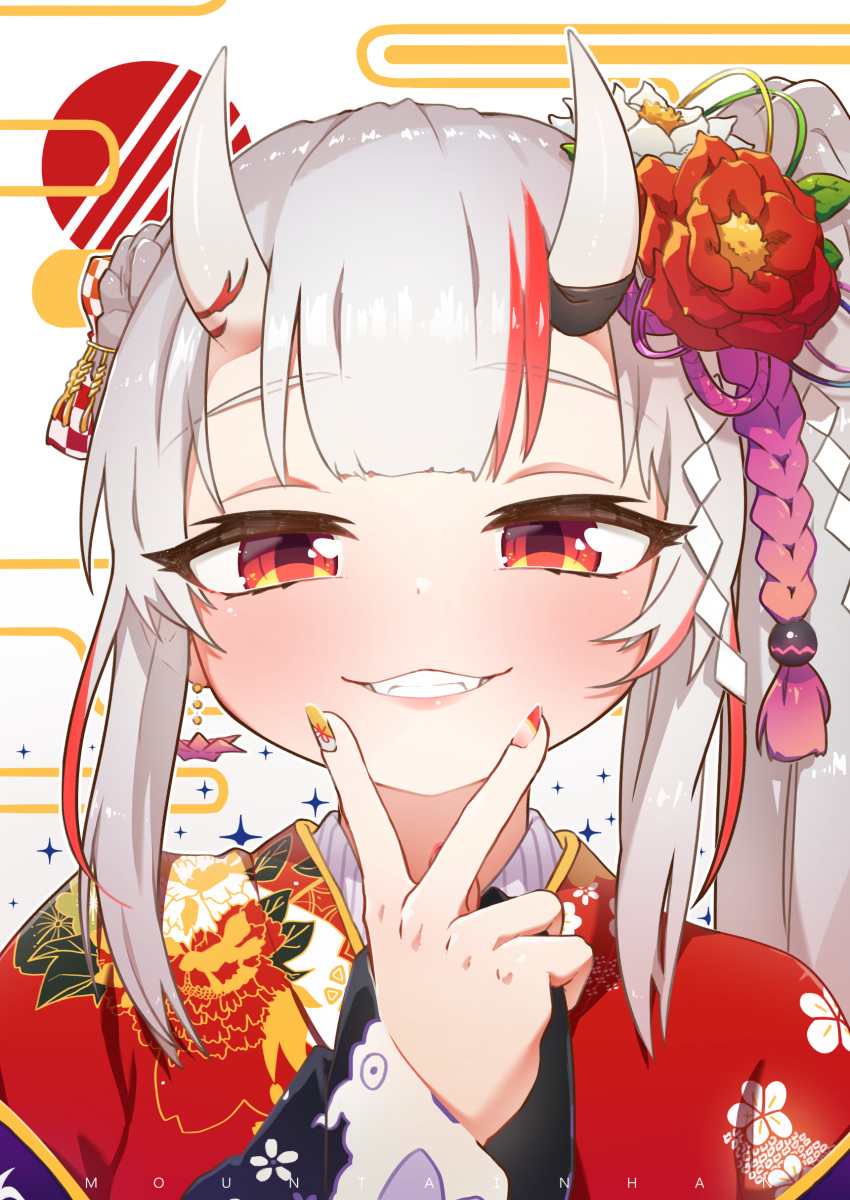 1girl absurdres blush dot_nose fangs floral_print flower grin hair_flower hair_ornament hair_over_one_eye hand_up highres hololive horns japanese_clothes kimono long_sleeves looking_at_viewer mountain_han multicolored multicolored_nails nail_art nail_polish nakiri_ayame oni_horns red_eyes red_flower red_kimono smile solo upper_body v_over_mouth white_flower wide_sleeves