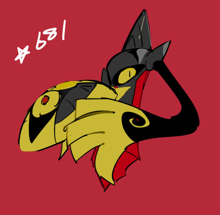 aegislash alternate_color apios1 black_sclera commentary full_body gen_6_pokemon highres looking_to_the_side no_humans number one-eyed pokedex_number pokemon pokemon_(creature) red_background shield shiny_pokemon simple_background sketch solo star_(symbol) sword weapon yellow_eyes