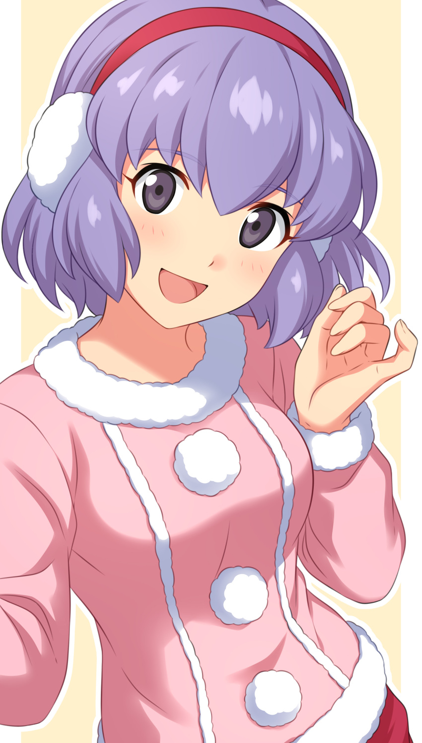 1girl :d absurdres blush cowboy_shot danball_senki earmuffs eyebrows_visible_through_hair fingernails grey_eyes hand_up head_tilt highres kawamura_ami long_sleeves looking_at_viewer medium_hair open_mouth outline pillarboxed pink_sweater pinky_out pom_pom_(clothes) purple_hair sekina smile solo sweater white_outline yellow_background