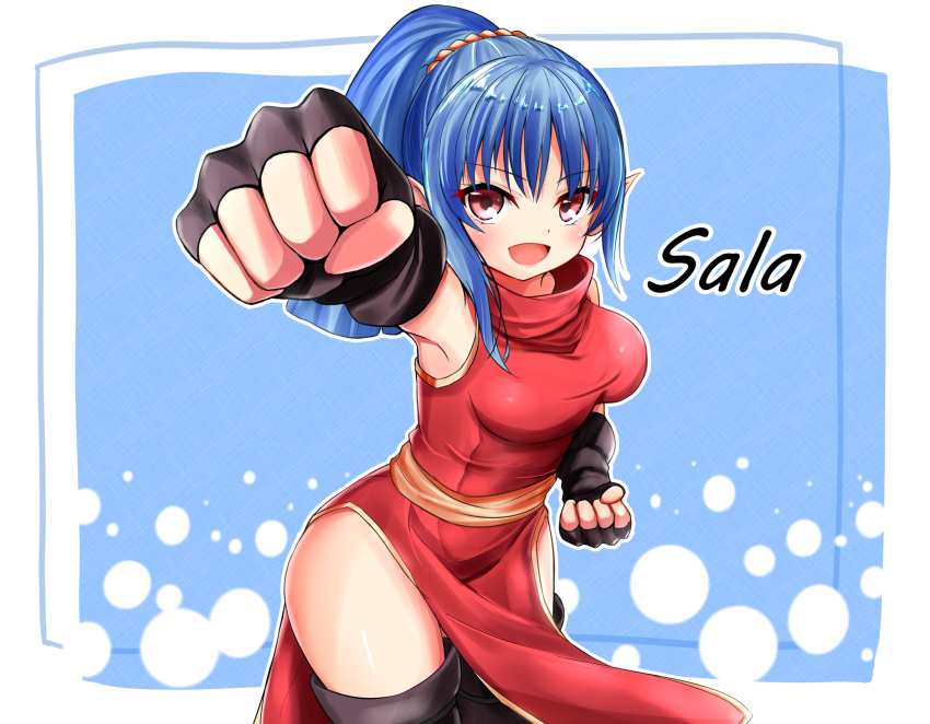 1girl :d absurdres black_gloves black_legwear blue_background blue_hair character_name china_dress chinese_clothes clenched_hand cowboy_shot dress ex_idol fingerless_gloves gloves high_ponytail highres long_hair looking_at_viewer open_mouth pointy_ears red_dress red_eyes sarah_(shining_force_ii) shining_(series) shining_force_ii simple_background smile solo standing thigh-highs zettai_ryouiki