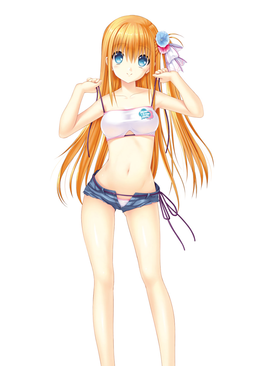 1girl absurdres bangs bikini bikini_under_clothes blonde_hair blue_eyes blue_flower blue_shorts blush bow breasts charlotte_(anime) closed_mouth collarbone eyebrows_visible_through_hair flower groin hair_between_eyes hair_bow hair_flower hair_ornament highres long_hair looking_at_viewer medium_breasts micro_shorts na-ga navel nishimori_yusa open_clothes open_shorts purple_ribbon red_flower ribbon shorts simple_background smile solo standing swimsuit very_long_hair white_background white_bikini white_bow