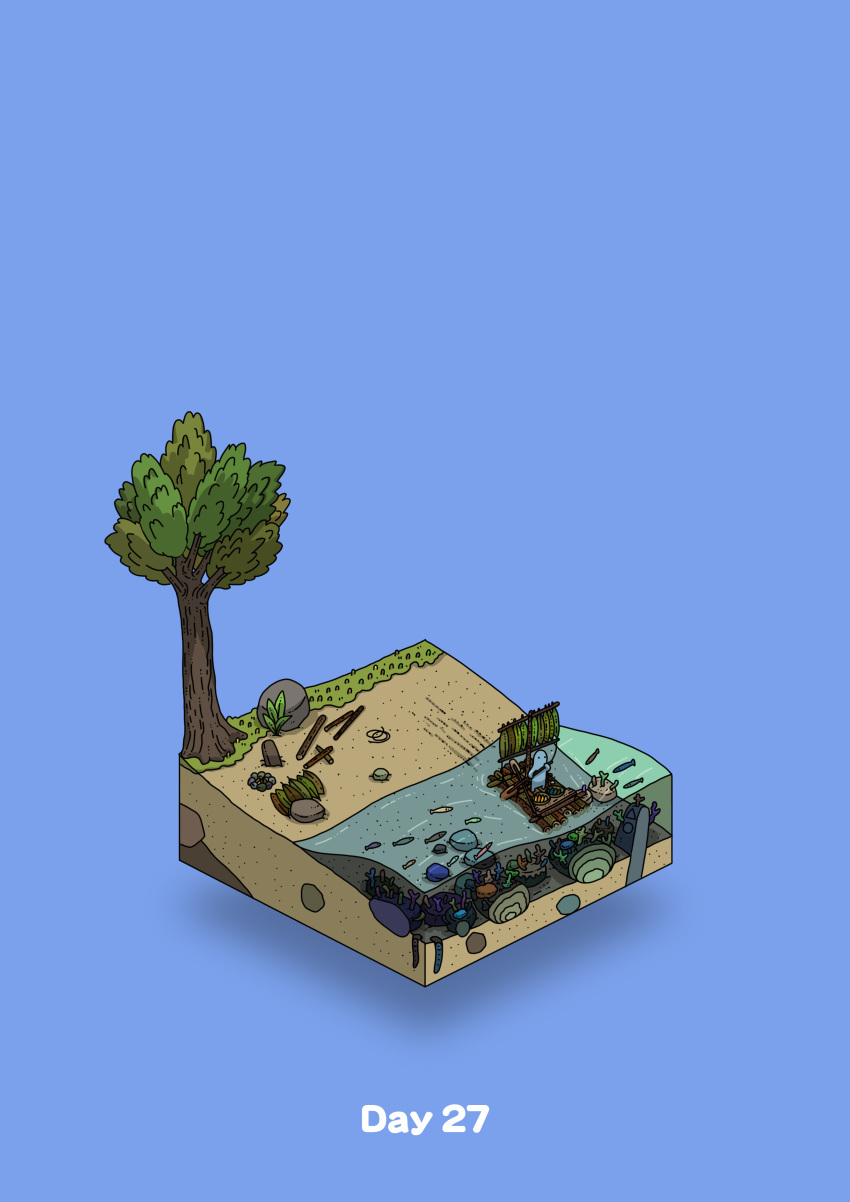 absurdres beach blue_background commentary_request coral diorama fish gozz highres isometric original palm_leaf raft sailing tree