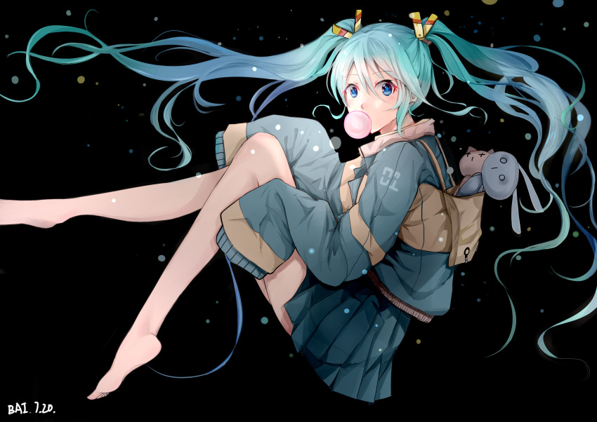 1girl absurdres aqua_hair backpack bag baiel barefoot black_background blue_eyes blue_jacket blue_skirt bubble_blowing chewing_gum commentary from_side hair_ornament hatsune_miku highres jacket knees_up long_hair looking_at_viewer miniskirt number_print outstretched_leg pleated_skirt skirt sleeves_past_fingers sleeves_past_wrists stuffed_toy twintails very_long_hair vocaloid