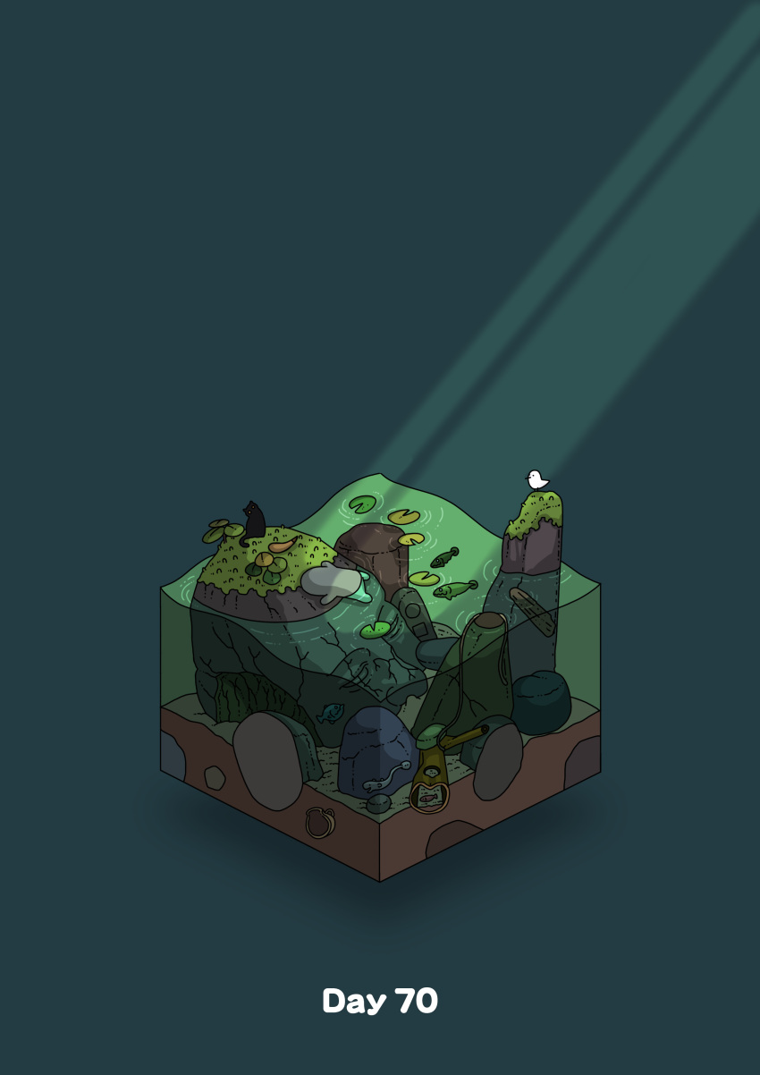 absurdres bird boulder cat commentary_request diorama fish gozz highres isometric light_rays lily_pad log lying moss on_stomach original partially_submerged sunbeam sunlight water