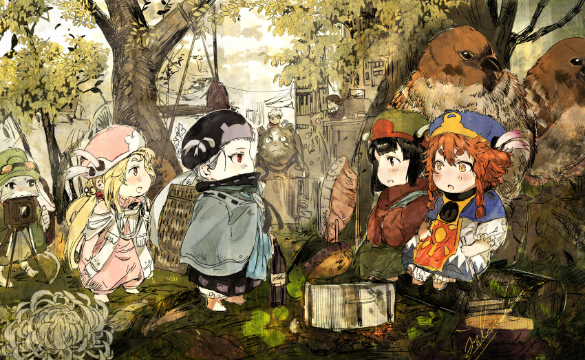 1boy 5girls animal bangs barefoot black_dress black_hair blonde_hair blue_capelet blue_headwear bottle brown_eyes brown_hair campfire capelet character_request clothed_animal commentary_request day dress goggles goggles_on_headwear green_dress green_headwear grey_cloak grey_hair hair_between_eyes hakumei_(hakumei_to_mikochi) hakumei_to_mikochi hat highres hiranko iwashi_(hakumei_to_mikochi) konju_(hakumei_to_mikochi) long_hair low_ponytail low_twintails mikochi_(hakumei_to_mikochi) multiple_girls narai_(hakumei_to_mikochi) outdoors pink_dress pink_headwear ponytail pot profile puffy_short_sleeves puffy_sleeves rabbit red_eyes sen_(hakumei_to_mikochi) short_eyebrows short_sleeves signature sitting thick_eyebrows tree twintails very_long_hair white_dress wine_bottle