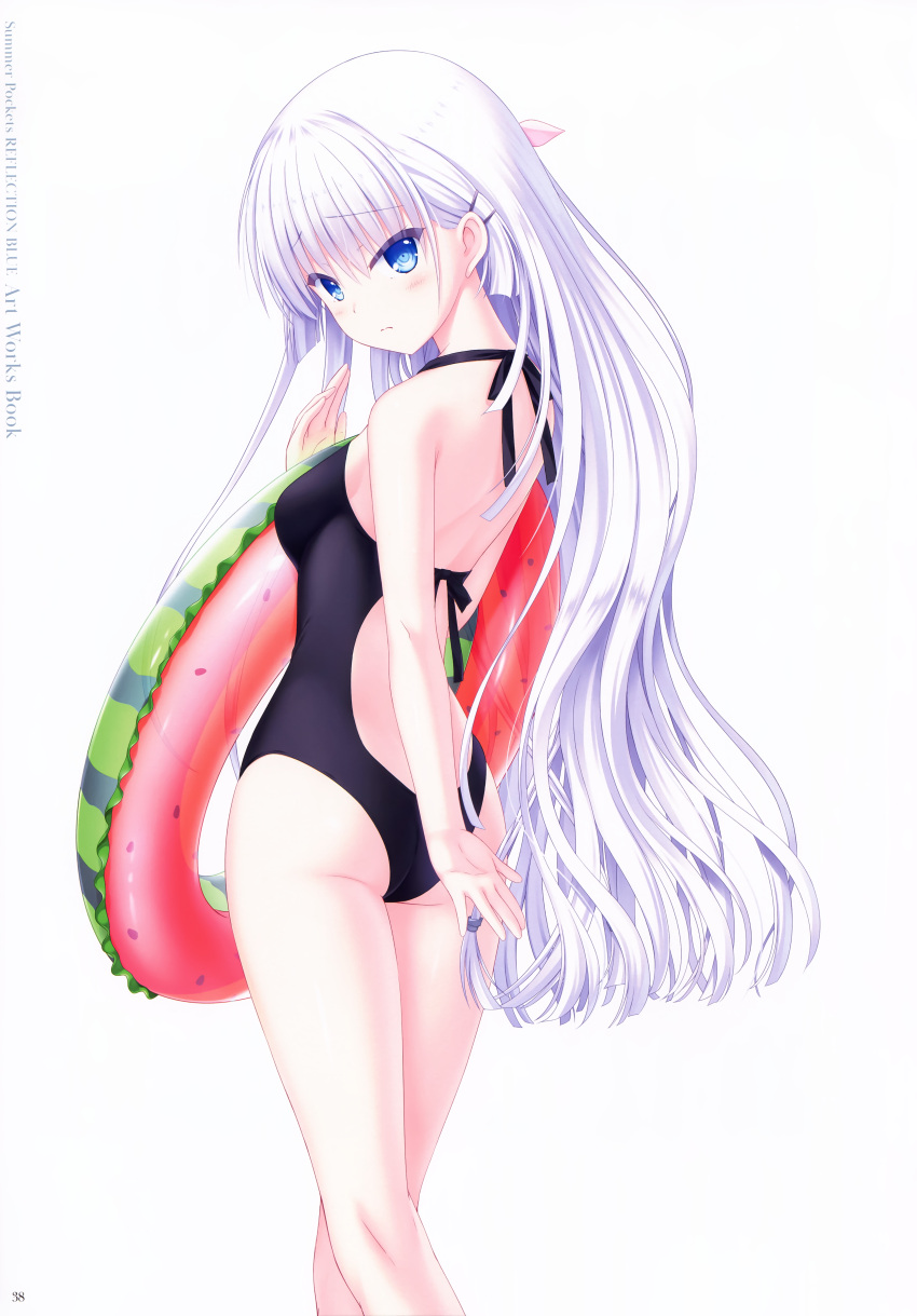 1girl absurdres ass bangs black_swimsuit blue_eyes blush bow breasts casual_one-piece_swimsuit closed_mouth copyright_name eyebrows_visible_through_hair from_behind hair_between_eyes hair_bow hair_ornament hairclip highres innertube long_hair looking_at_viewer medium_breasts na-ga naruse_shiroha official_art one-piece_swimsuit page_number pink_bow shoulder_blades sideboob silver_hair simple_background solo standing summer_pockets swimsuit very_long_hair white_background