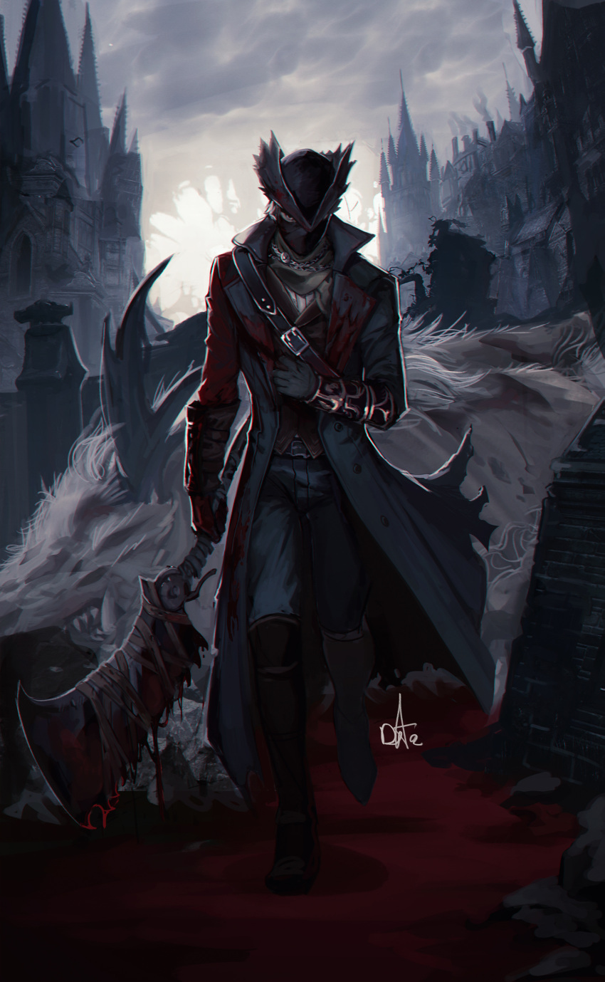1boy absurdres architecture armor bandages belt black_coat black_eyes black_gloves black_headwear blood bloodborne bloody_clothes bloody_weapon chain chimney clouds cloudy_sky coat death distr dripping gloves gothic_architecture grey_hair grey_sky hat highres holding holding_weapon horns hunter_(bloodborne) looking_at_viewer male_focus monster_girl outdoors puddle signature sky smoke solo teeth torn torn_clothes torn_coat vambraces walking weapon