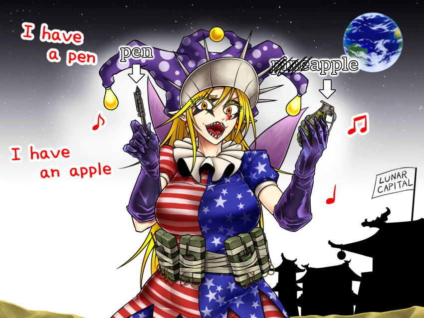 1girl american_flag american_flag_legwear american_flag_shirt architecture arrow_(symbol) bangs blonde_hair breasts c4 clownpiece commentary_request cowboy_shot earrings earth east_asian_architecture eighth_note english_text explosive eyebrows_visible_through_hair eyes_visible_through_hair fairy_wings flag gloves grenade hair_between_eyes hat jester_cap jewelry large_breasts long_hair looking_at_viewer makeup music musical_note neck_ruff open_mouth orange_eyes pen-pineapple-apple-pen pointy_ears polka_dot polka_dot_headwear puffy_short_sleeves puffy_sleeves purple_gloves purple_headwear ryuuichi_(f_dragon) sharp_teeth short_sleeves singing sky solo standing star-shaped_pupils star_(sky) star_(symbol) star_print starry_sky suicide_bomb symbol-shaped_pupils teeth terrorism touhou wings