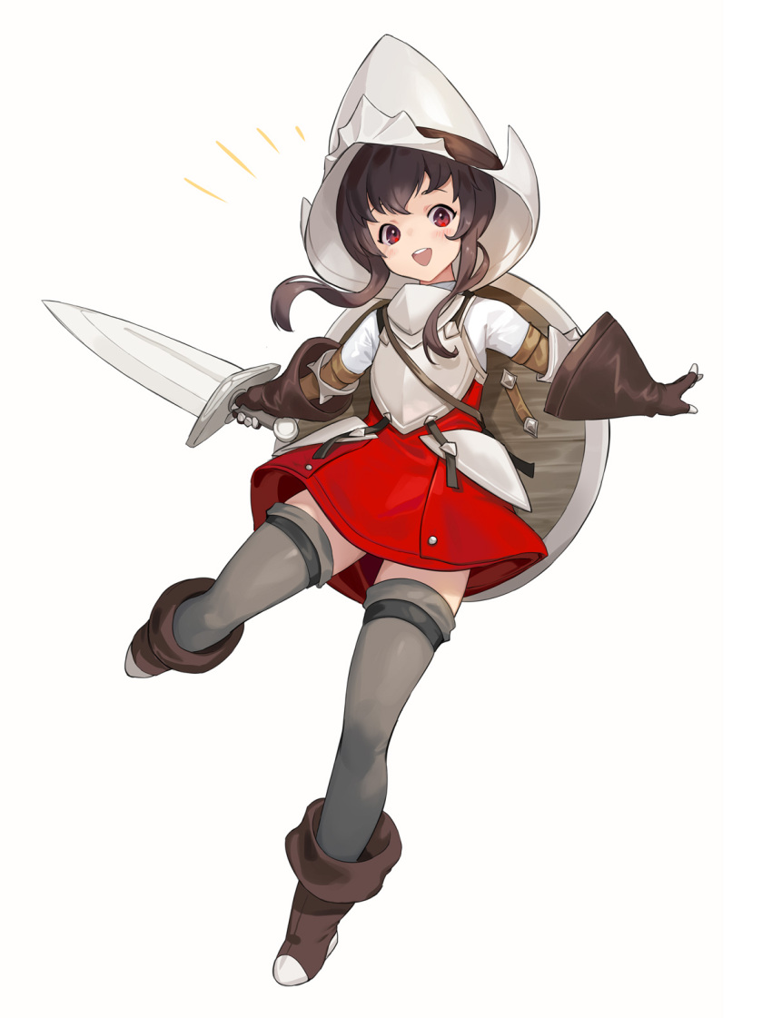 1girl :d ankle_boots armor armored_dress boots breastplate brown_footwear brown_gloves brown_hair dress elbow_gloves faulds full_body gauntlets gloves grey_legwear helmet highres holding holding_sword holding_weapon km_yama looking_at_viewer notice_lines open_mouth original outstretched_arms red_dress red_eyes round_teeth shield short_dress short_sword simple_background smile solo spread_arms sword teeth thigh-highs upper_teeth weapon white_background