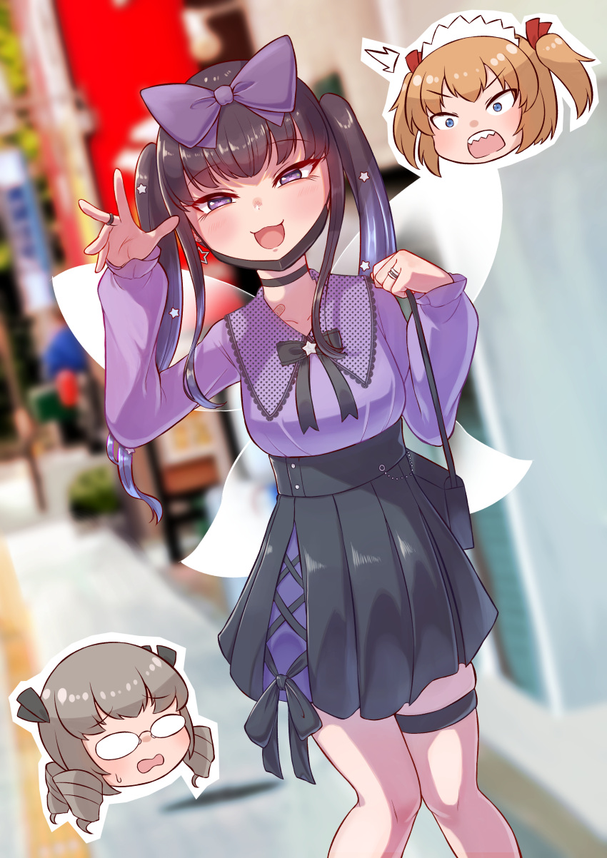 3girls :d absurdres alternate_hairstyle bag blurry blurry_background bow breasts commentary_request cookie_(touhou) dutch_angle eyelashes fairy_wings feet_out_of_frame hair_bow hair_ornament half-closed_eyes handbag hands_up highres holding holding_bag jewelry knees_together_feet_apart legband long_hair long_sleeves looking_at_viewer luna_child mask mask_pull medium_breasts mouth_mask multiple_girls open_mouth pleated_skirt puffy_long_sleeves puffy_sleeves purple_bow ring riran_youkyu shiriri_saikyo shunga_youkyu skindentation skirt smile solo_focus standing star_(symbol) star_hair_ornament star_sapphire sunny_milk touhou tsugumi_amon twintails violet_eyes wings