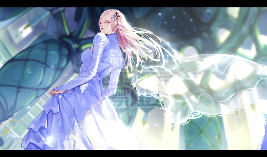 1girl absurdres blonde_hair blurry blurry_background closed_mouth dress earrings elezen elf final_fantasy final_fantasy_xiv hair_ornament hairclip highres jewelry long_hair pointy_ears red_lips sample single_earring solo turtleneck veil violet_eyes watermark wedding_dress yi_cat