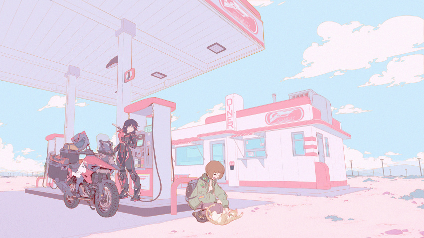2girls alternate_costume backpack bag biker_clothes bikesuit black_hair blue_sky brown_hair cat diner gas_pump gas_pump_nozzle gas_station ground_vehicle headwear_removed helmet helmet_removed highres kill_la_kill looking_at_another mankanshoku_mako matoi_ryuuko motor_vehicle motorcycle multiple_girls open_mouth petting shoes short_hair sky smile sneakers squatting zhen_long