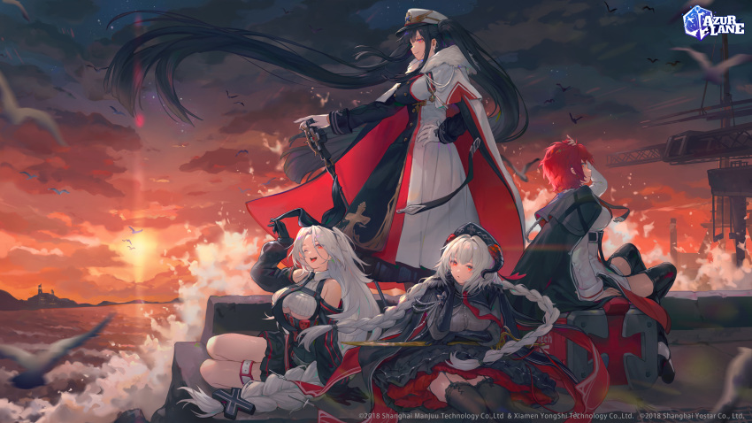 4girls absurdres azur_lane bangs bibimbub bird black_gloves black_hair black_jacket black_legwear black_skirt box braid breasts cape closed_mouth clouds cloudy_sky collared_shirt crop_top cropped_shirt double-breasted english_commentary floating_hair frilled_skirt frills full_body garter_straps gloves hand_in_hair hand_on_hip hat highres iron_cross jacket jacket_on_shoulders large_breasts logo long_hair looking_at_viewer medium_breasts military military_hat military_uniform miniskirt multiple_girls nurnberg_(azur_lane) ocean official_art one_eye_closed open_mouth orange_sky outdoors parted_bangs peter_strasser_(azur_lane) pier prinz_heinrich_(azur_lane) red_cape red_eyes redhead ribbed_shirt scepter ship shirt silver_hair sitting skirt sky sleeveless sleeveless_shirt smile standing sunset thigh-highs thigh_strap thighs twin_braids twintails two-sided_cape two-sided_fabric two-tone_cape under_boob uniform watercraft watermark weser_(azur_lane) white_cape white_gloves white_headwear white_skirt wind wing_collar yokozuwari zettai_ryouiki