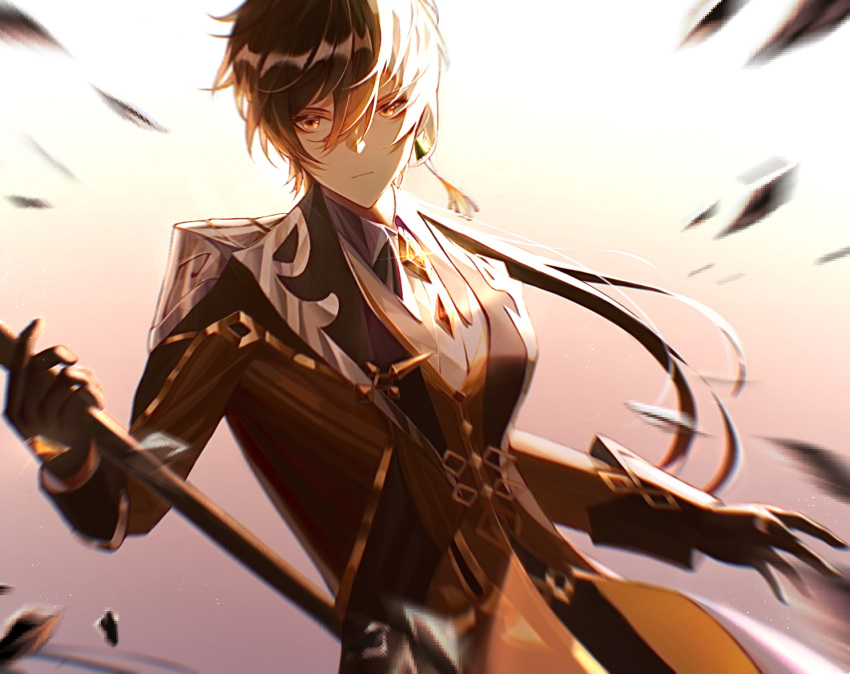 1boy bangs black_gloves black_hair blurry brown_hair closed_mouth collar dr4v3n formal genshin_impact gloves hair_between_eyes holding holding_weapon jacket jewelry long_hair long_sleeves looking_at_viewer male_focus multicolored_hair polearm ponytail simple_background single_earring solo spear suit weapon yellow_eyes zhongli_(genshin_impact)