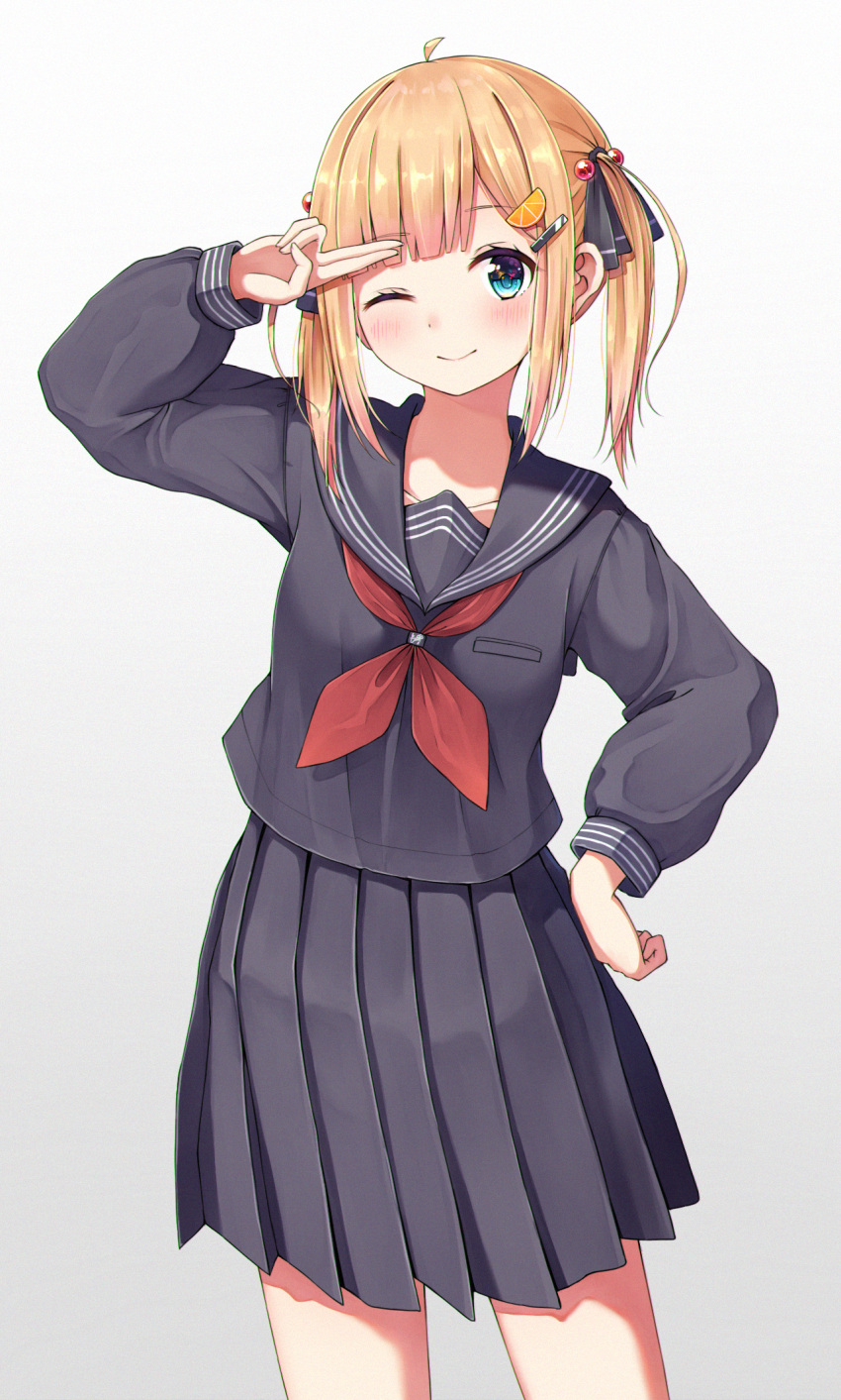 1girl ;) ahoge arm_up bangs black_ribbon black_sailor_collar black_serafuku black_shirt black_skirt blonde_hair blue_eyes blush breasts closed_mouth collarbone commentary_request eyebrows_visible_through_hair gradient gradient_background grey_background hair_bobbles hair_ornament hair_ribbon hairband hairclip hand_on_hip highres long_hair long_sleeves looking_at_viewer n2_(yf33) neckerchief one_eye_closed orange_hairband original pleated_skirt puffy_long_sleeves puffy_sleeves red_neckwear ribbon sailor_collar school_uniform serafuku shirt skirt sleeves_past_wrists small_breasts smile solo standing twintails white_background