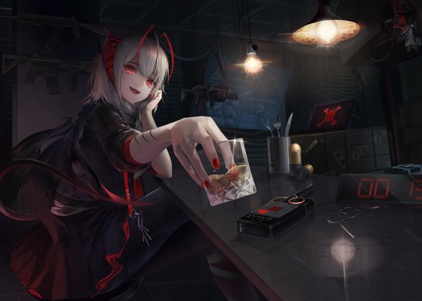 1girl absurdres alcohol antennae arknights bar black_gloves black_jacket black_scarf bottle cup demon_girl demon_horns demon_tail detonator drinking_glass fingerless_gloves gloves grenade_launcher grey_scarf grey_shirt highres horns ice ice_cube jacket liquor me/r mk_18_carbine open_clothes open_jacket open_mouth red_eyes red_nails scar scar_on_arm scarf shirt short_hair silver_hair smile tail w_(arknights) weapon whiskey