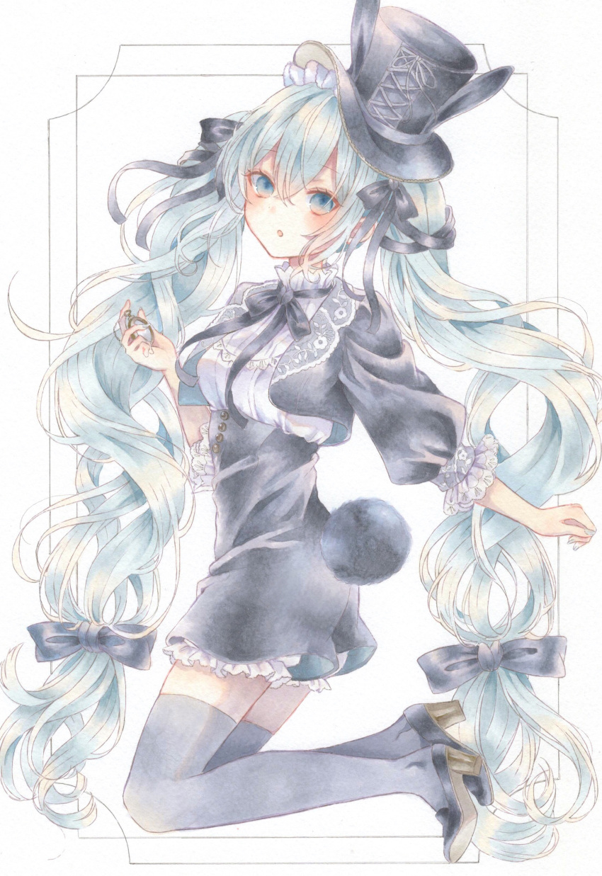 1girl :o absurdres aqua_hair black_bow black_ribbon black_tail blue_eyes boots bow bunny_tail eyebrows_visible_through_hair frilled_hat frilled_sleeves frills hair_between_eyes hair_bow hair_ribbon hat hatsune_miku high_heel_boots high_heels highres holding holding_pocket_watch kneeling long_hair marker_(medium) open_mouth paruno pocket_watch ribbon simple_background solo tail thigh-highs thigh_boots top_hat traditional_media twintails vocaloid watch