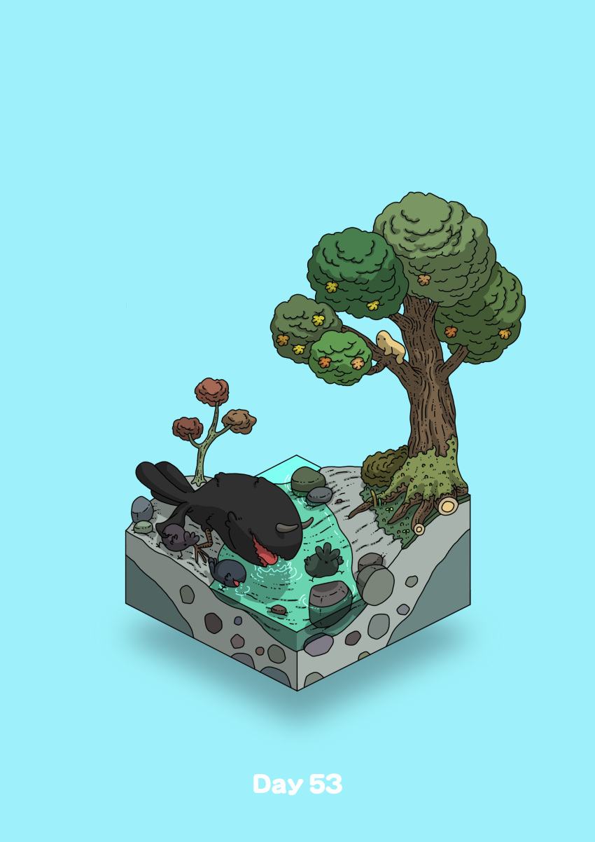 absurdres animal blue_background commentary_request diorama drinking gozz highres horns in_tree isometric original roots stream tree