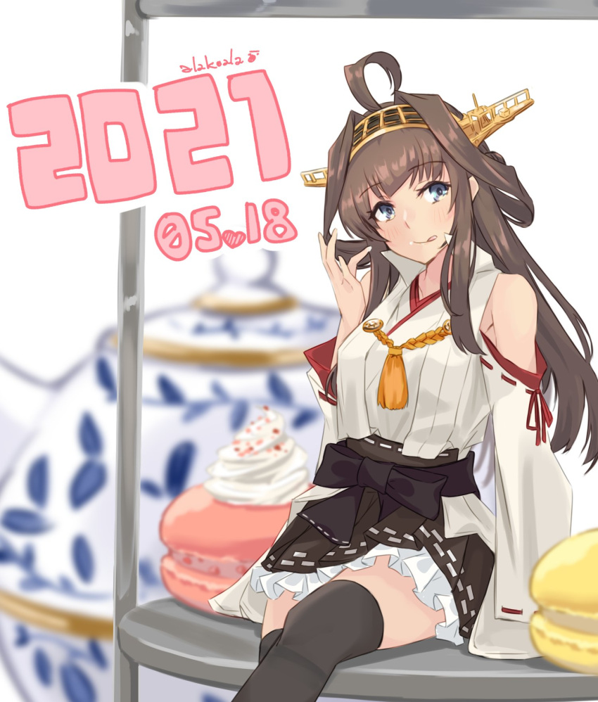 1girl ahoge alakoala artist_name boots brown_hair commentary_request detached_sleeves double_bun food green_eyes hairband hakama_skirt headgear highres japanese_clothes kantai_collection kongou_(kancolle) long_hair macaron oversized_object remodel_(kantai_collection) ribbon-trimmed_sleeves ribbon_trim sitting solo teapot thigh-highs thigh_boots tongue tongue_out