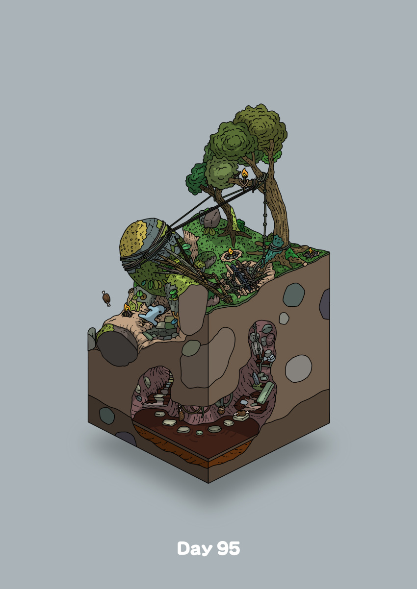 absurdres boned_meat campfire commentary_request diorama food gozz grey_background highres isometric meat oil olmec_head original rope running stairs stepping_stones torch tree