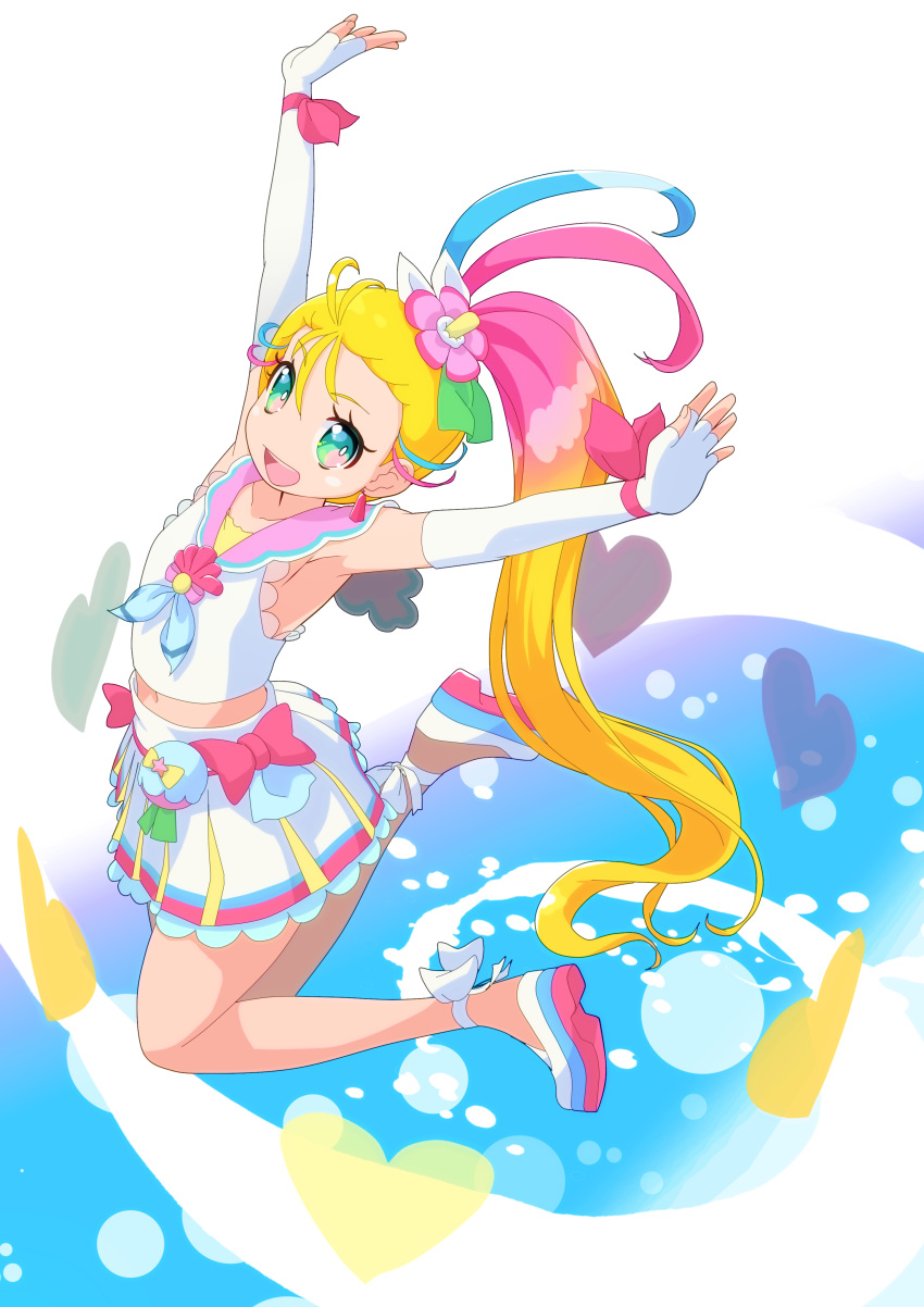1girl absurdres armpits arms_up blonde_hair blue_hair commentary_request cure_summer elbow_gloves fingerless_gloves flower full_body gloves green_eyes hair_flower hair_ornament heart highres jumping long_hair looking_at_viewer magical_girl mishiki_sakana multicolored multicolored_clothes multicolored_hair multicolored_skirt natsuumi_manatsu open_mouth pink_hair ponytail precure simple_background skirt solo tropical-rouge!_precure very_long_hair white_background white_gloves white_skirt