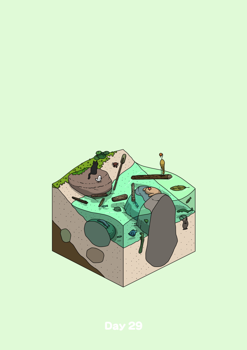 absurdres beach bird boulder cat commentary_request diorama face_down fish gozz green_background highres isometric original shipwreck starfish