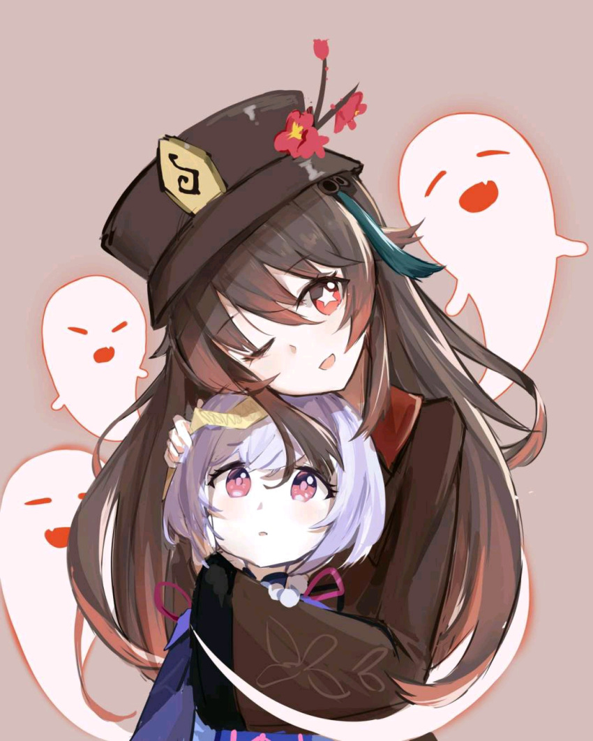 2girls ;d bead_necklace beads blush brown_hair dovah_kiin genshin_impact ghost hat highres hu_tao hug hug_from_behind jewelry jiangshi long_hair long_sleeves looking_at_viewer multiple_girls necklace one_eye_closed open_mouth purple_hair qiqi red_eyes smile symbol-shaped_pupils violet_eyes