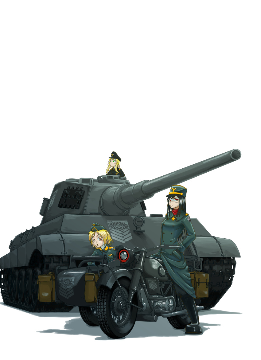 3girls absurdres artist_request black_hair blonde_hair breasts brown_eyes caterpillar_tracks commentary_request emblem girls_frontline green_eyes ground_vehicle hat highres long_hair military military_uniform military_vehicle motor_vehicle motorcycle mp40_(girls_frontline) multiple_girls pzb39_(girls_frontline) red_eyes short_hair sidecar smile stg44_(girls_frontline) tank tiger_ii uniform white_background
