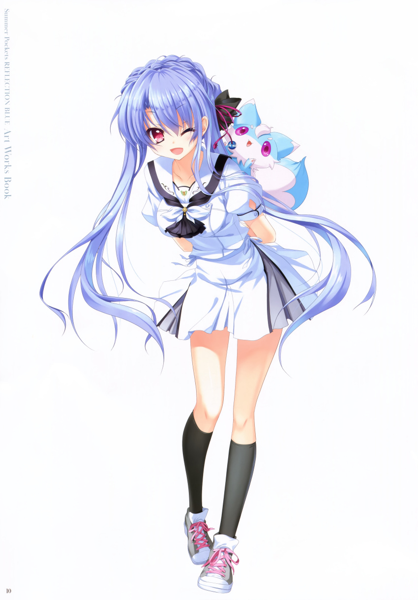 1girl :d ;d absurdres arms_behind_back bangs black_legwear blue_hair bow collarbone collared_shirt copyright_name eyebrows_visible_through_hair floating_hair full_body hair_between_eyes highres huge_filesize izumi_tsubasu kneehighs leaning_forward long_hair looking_at_viewer miniskirt official_art one_eye_closed open_mouth page_number pleated_skirt red_eyes sailor_collar sailor_shirt school_uniform shiny shiny_hair shirt shoes short_sleeves simple_background skirt smile sneakers solo sorakado_ao summer_pockets twintails very_long_hair white_background white_bow white_sailor_collar white_shirt white_skirt